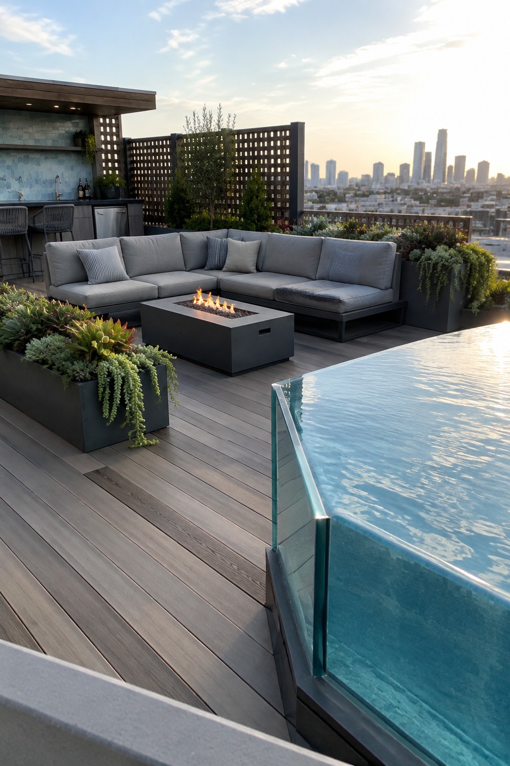18 Stunning Backyard Infinity Pool Ideas With Modern Outdoor Layouts A modern rooftop terrace shows an infinity pool with glass edge, L-shaped gray sectional sofa, central rectangular fire pit on dark wood decking, and planters overlooking a city skyline.