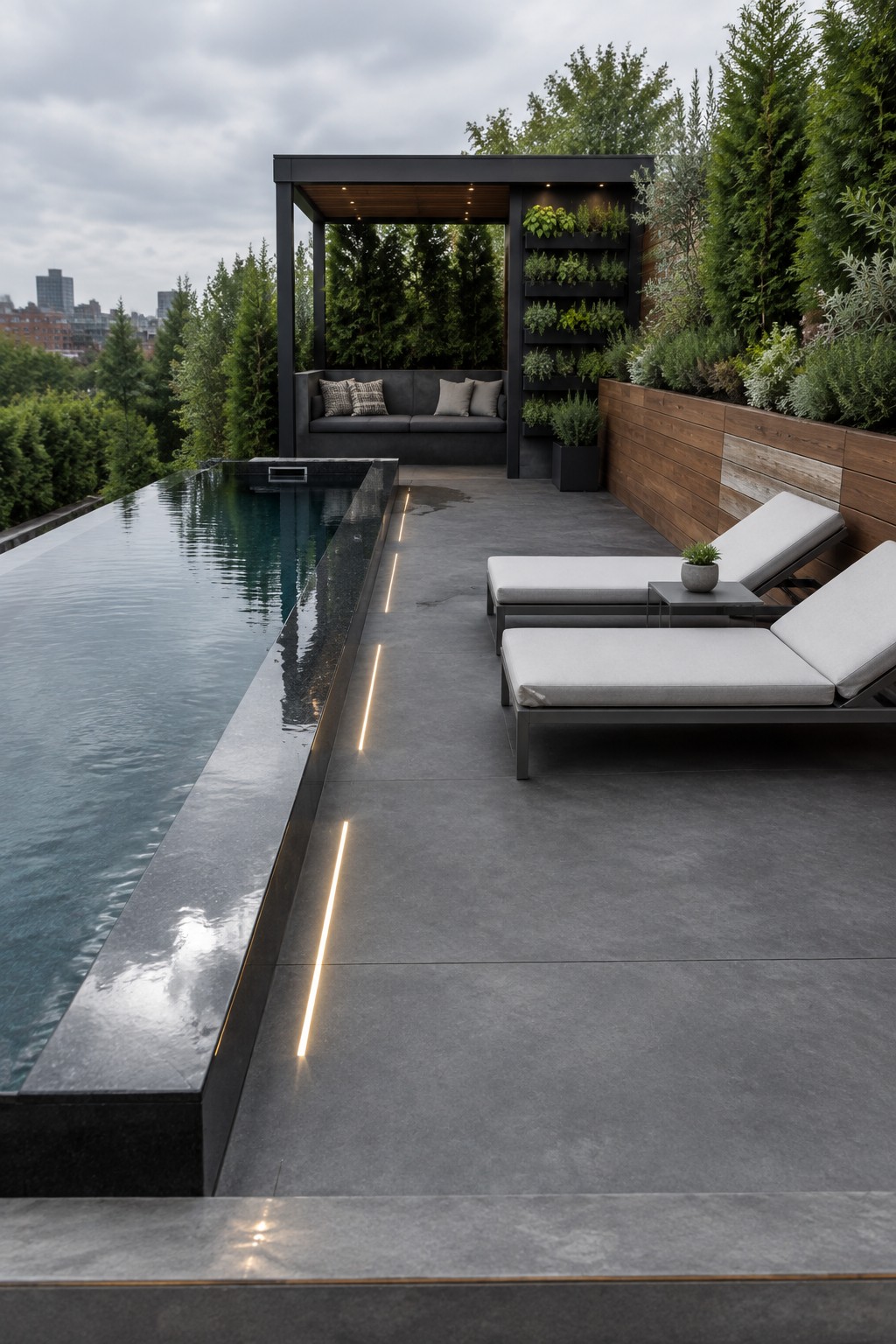 18 Stunning Backyard Infinity Pool Ideas With Modern Outdoor Layouts A modern backyard infinity pool with embedded linear lights along the concrete edge, two lounge chairs, and a covered seating area with a vertical plant wall.