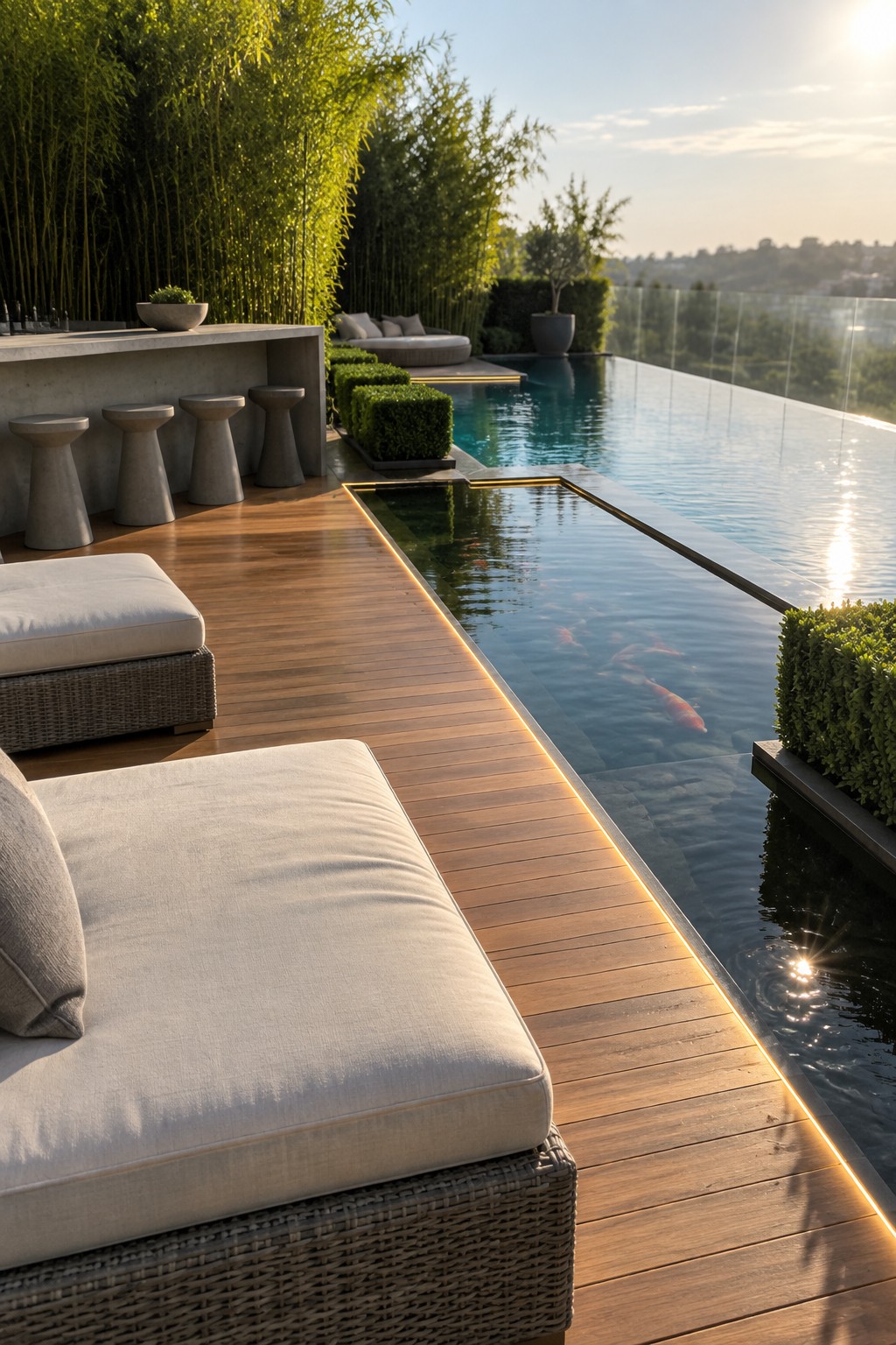 18 Stunning Backyard Infinity Pool Ideas With Modern Outdoor Layouts A modern backyard deck with a long infinity pool running alongside wooden planks, light-colored lounge seating, and bamboo plants at the back.
