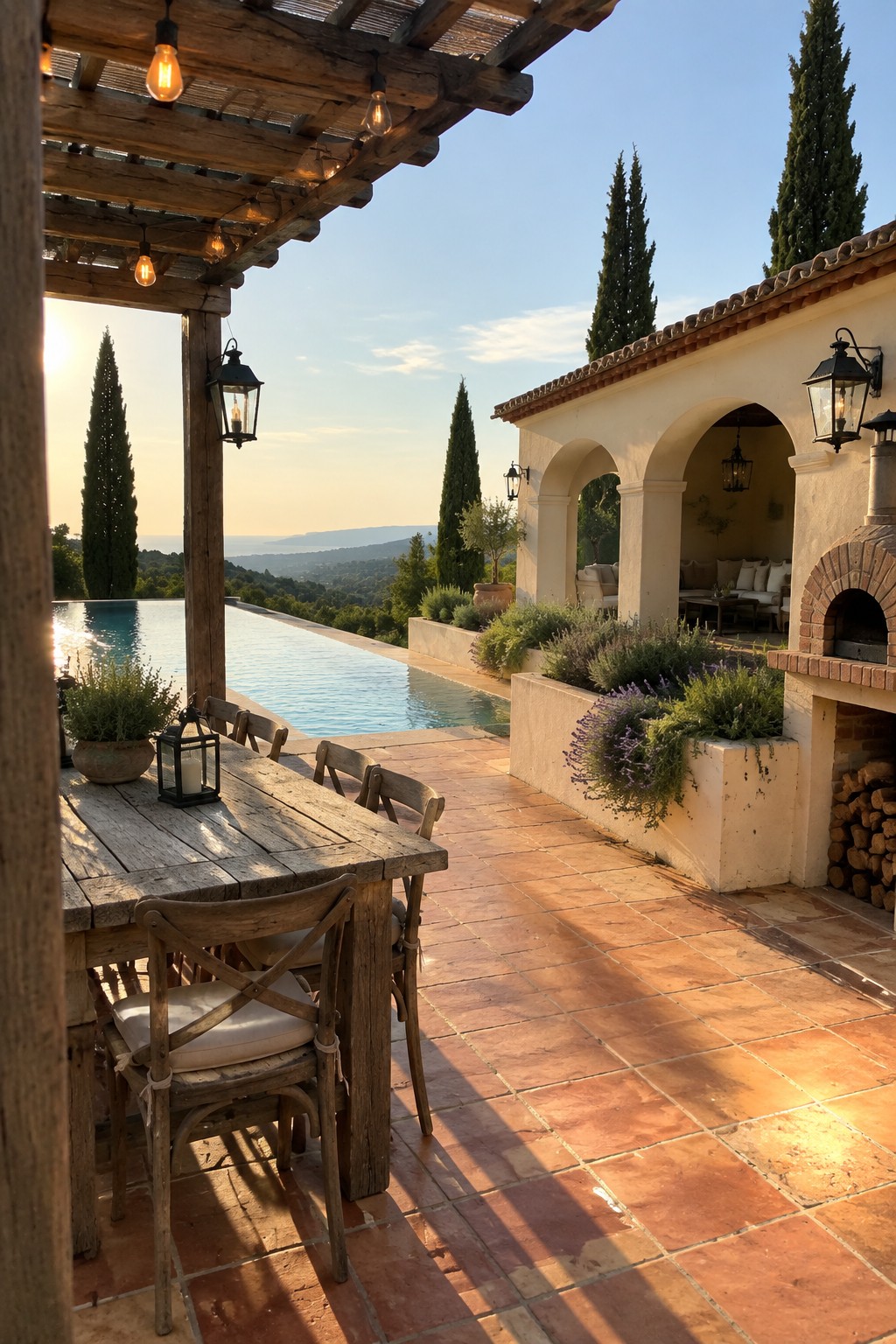 18 Stunning Backyard Infinity Pool Ideas With Modern Outdoor Layouts Rustic wooden dining table on terracotta patio overlooking infinity pool and hills at sunset