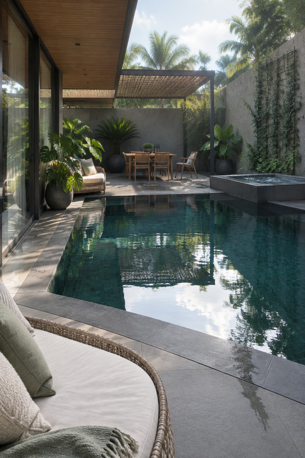 18 Stunning Backyard Infinity Pool Ideas With Modern Outdoor Layouts A long rectangular swimming pool runs alongside a modern house with large glass doors, concrete decking, potted plants, a dining set under a pergola, and a small raised fountain feature at one end.