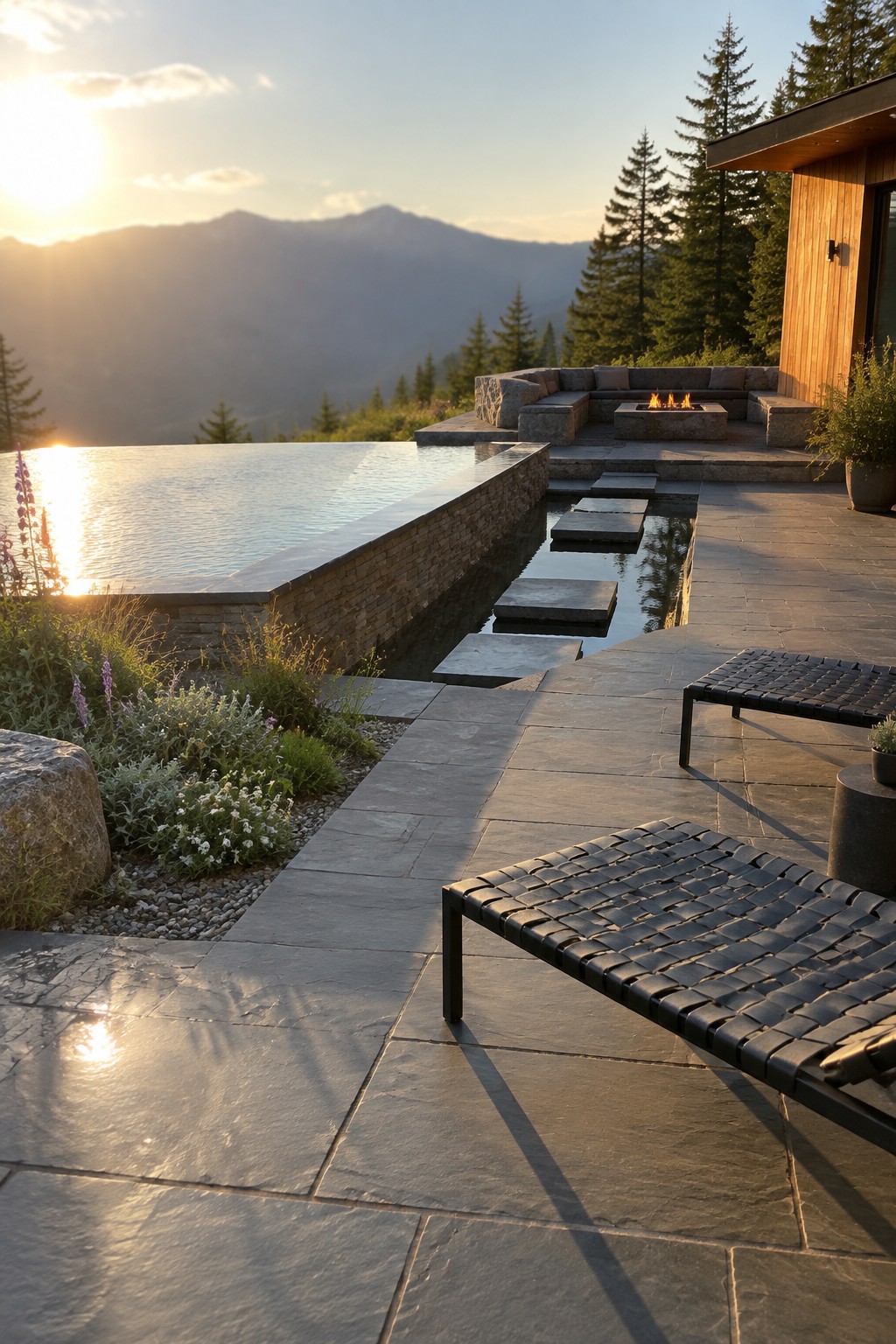 18 Stunning Backyard Infinity Pool Ideas With Modern Outdoor Layouts A modern backyard with an infinity pool, stone stepping stones crossing a water channel, a fire pit with built-in seating, and black lounge chairs on a stone patio overlooking mountains at sunset.