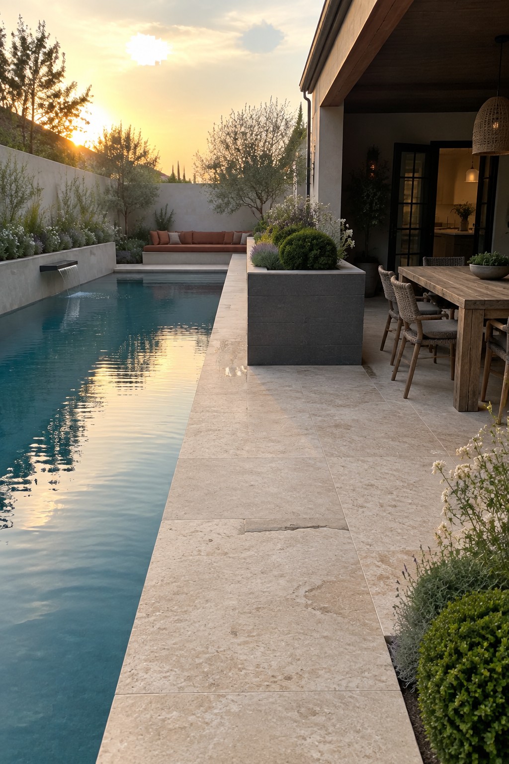 18 Stunning Backyard Infinity Pool Ideas With Modern Outdoor Layouts Modern poolside patio with stone tiles, wooden dining table, and sunset reflections
