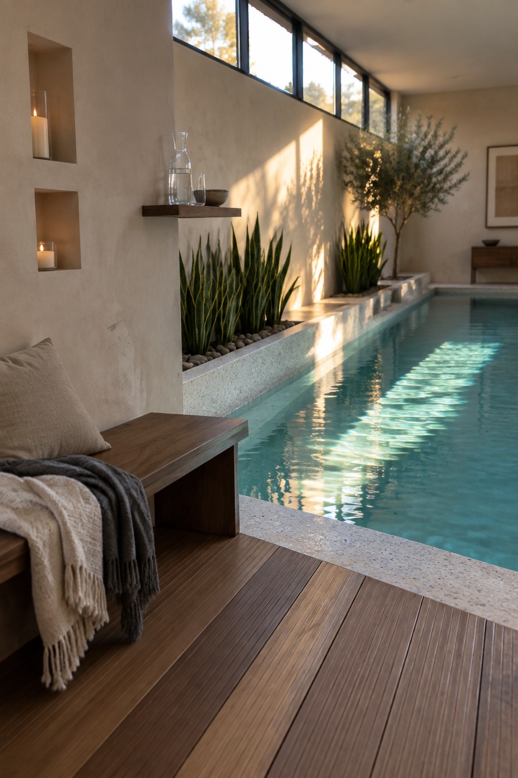 An indoor lap pool with a raised concrete planter filled with tall snake plants and a small tree running along one side, next to wooden decking and a bench with textiles.