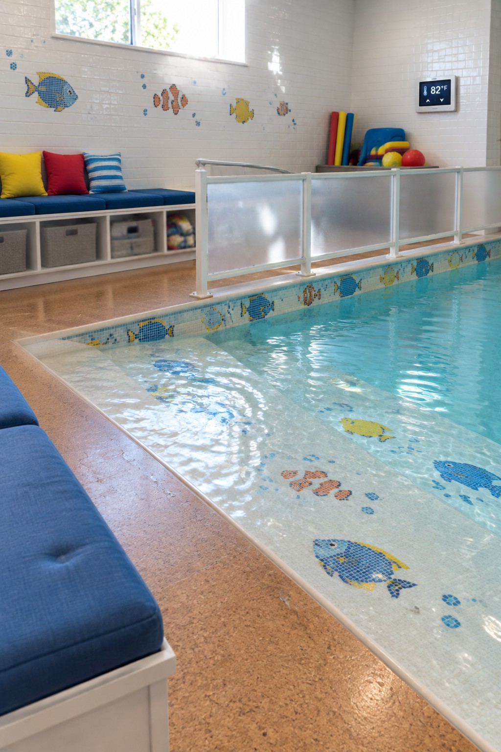 Indoor pool with a shallow sloped entry covered in fish mosaic tiles, white safety rail, blue bench seating, and storage along the wall.