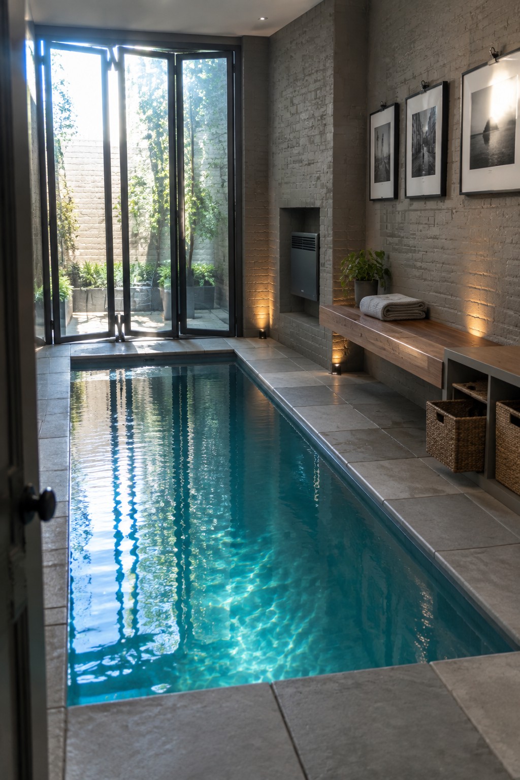 An indoor lap pool with large open bi-fold glass doors leading to a brick patio with potted plants.