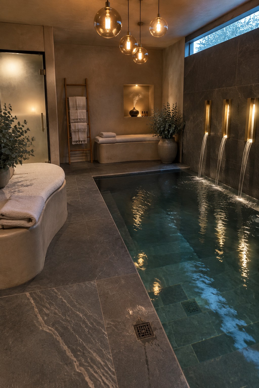 Luxurious indoor spa pool with cascading water, hanging lights, and dark stone tiles.