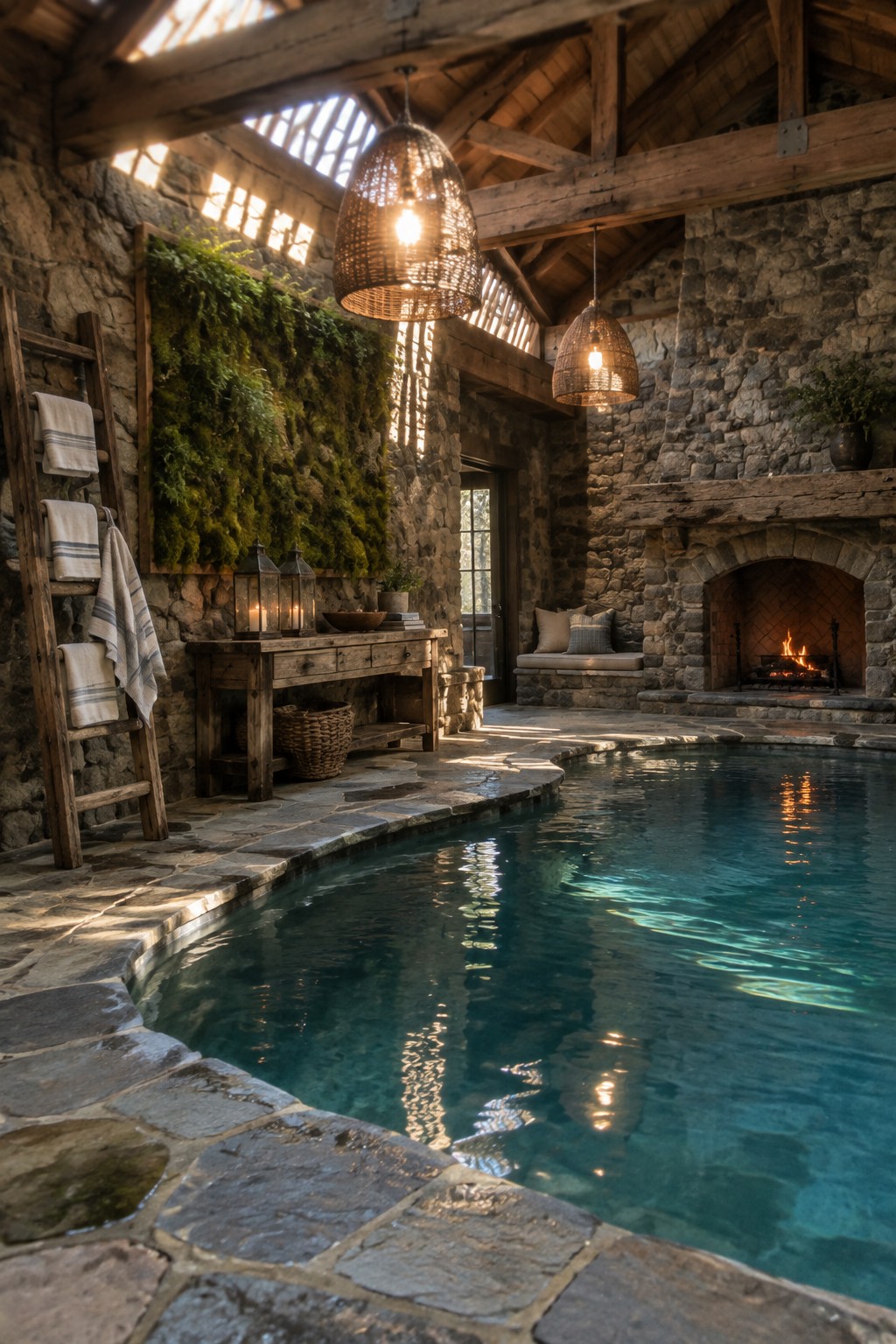 Rustic indoor pool with stone walls, fireplace, moss wall, and woven lanterns