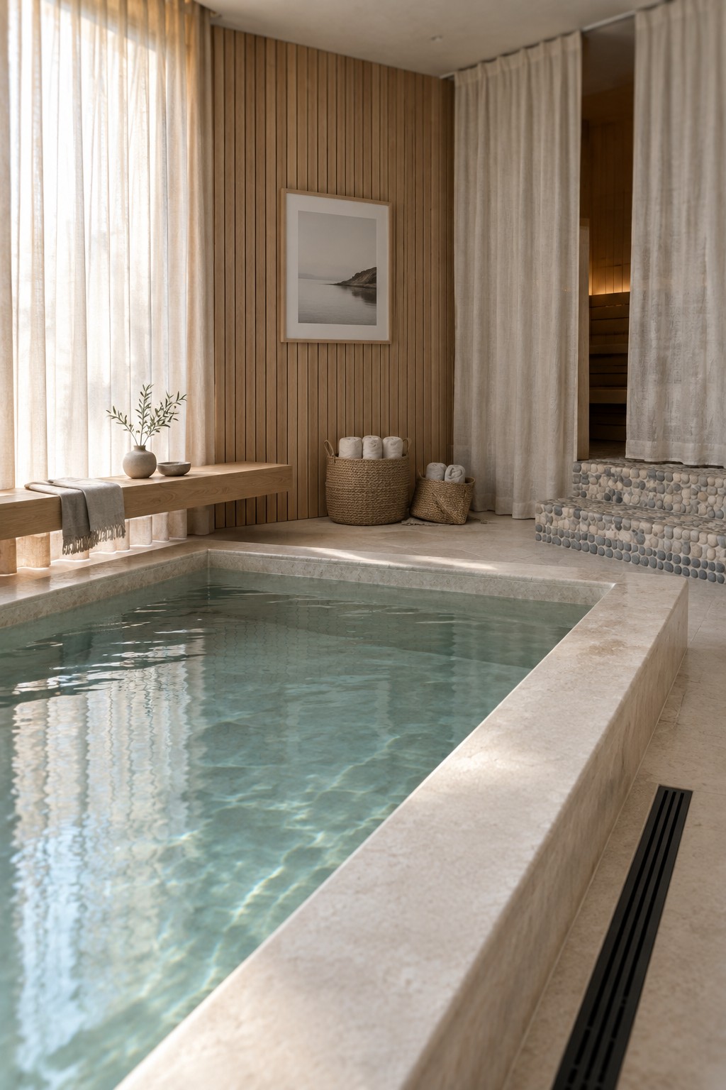 An indoor pool with light blue water, beige stone edging, a vertical wood slat wall with framed art, and sheer curtains on the left side.