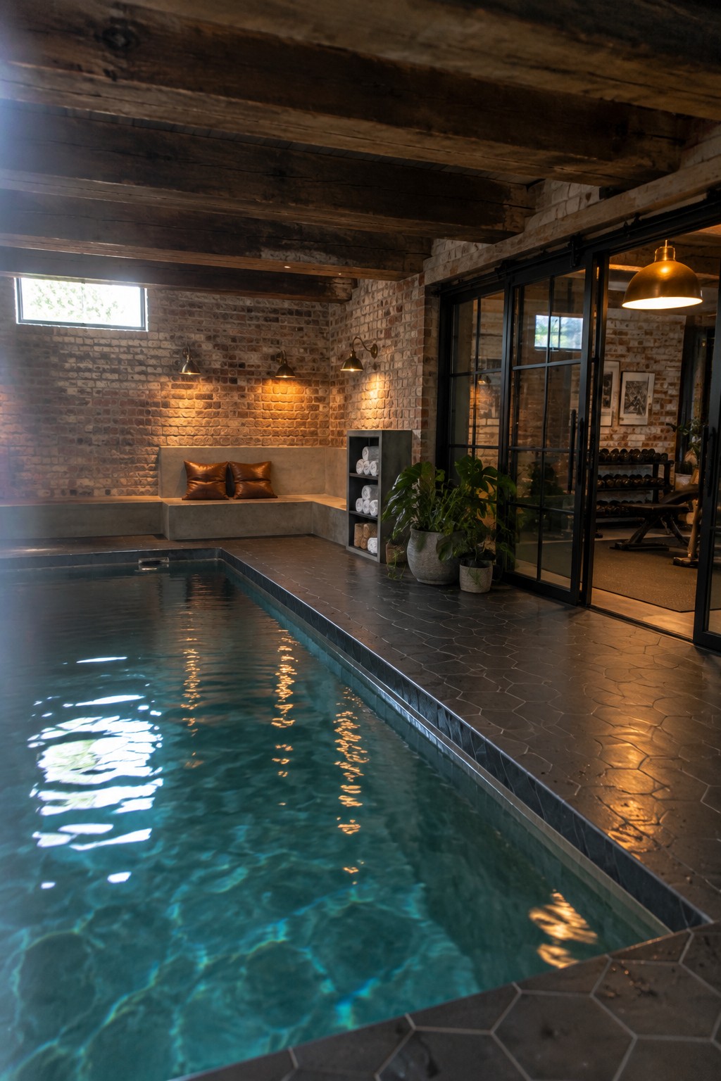 Indoor pool with blue water in brick room, plants, and gym view beyond