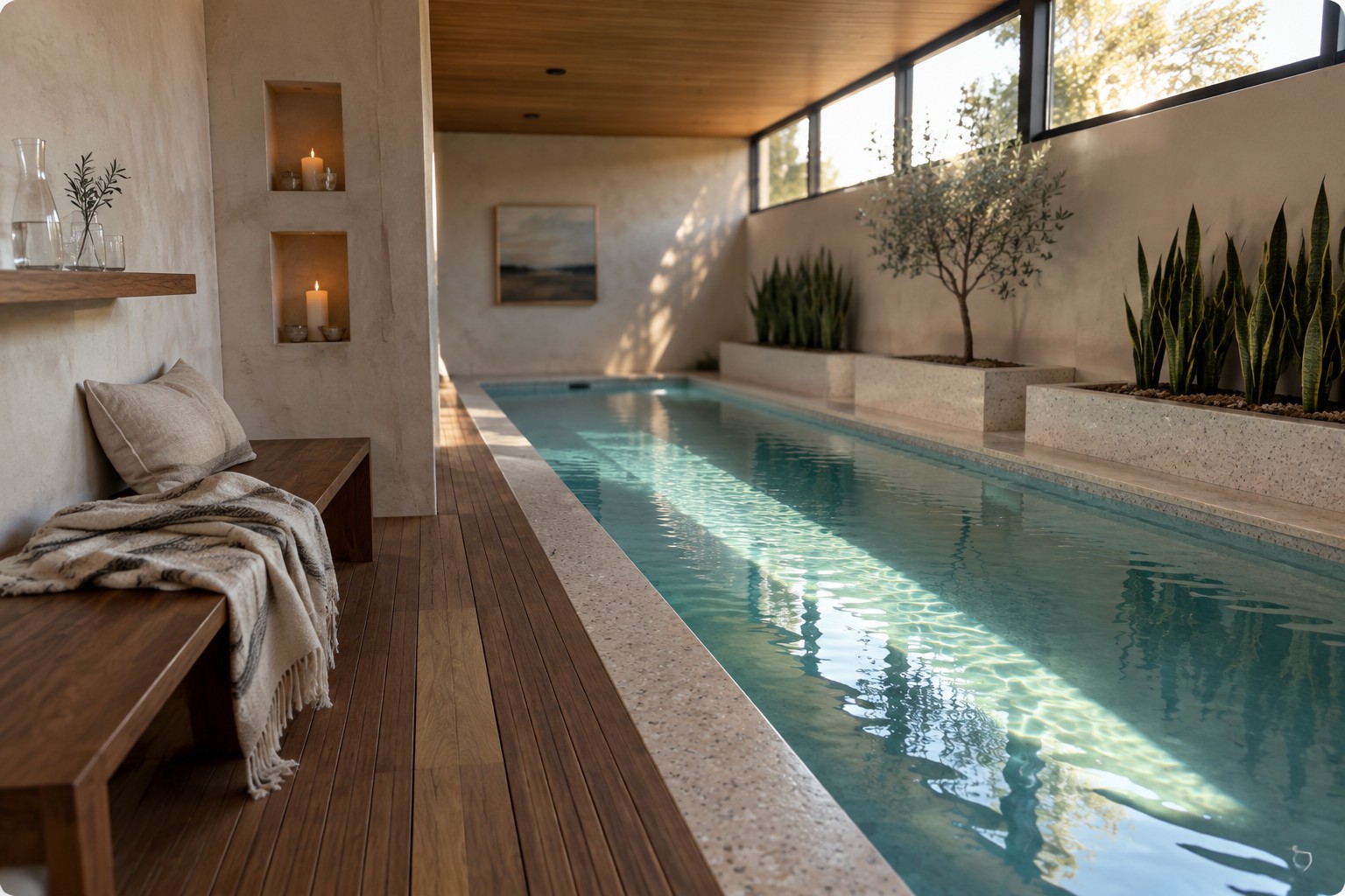 An indoor lap pool with a raised concrete planter filled with tall snake plants and a small tree running along one side, next to wooden decking and a bench with textiles.