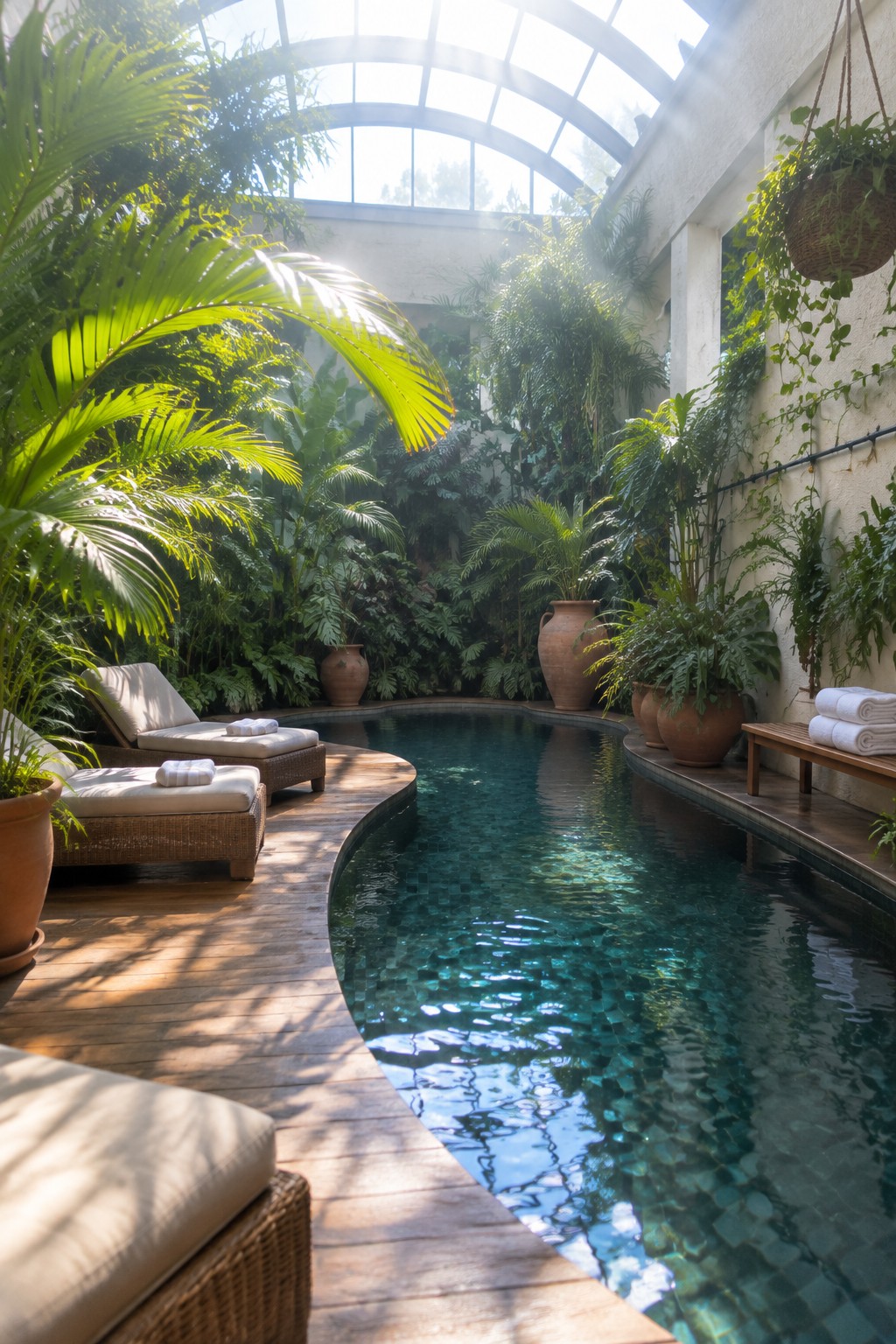 An indoor pool with a glass ceiling, wooden decking, woven lounge chairs, and many tropical plants in terracotta pots along the edges.