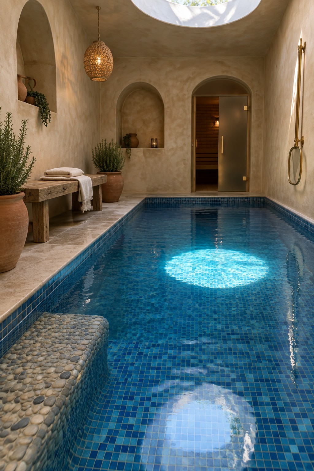 An indoor pool with blue mosaic tiles illuminated by sunlight from a round skylight, with stone steps, potted plants, and a wooden bench along the side.