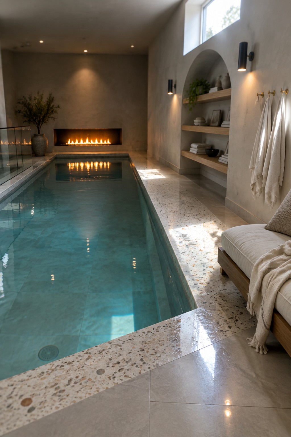 Modern indoor pool with fireplace, terrazzo floors, arched shelves, and daybed.