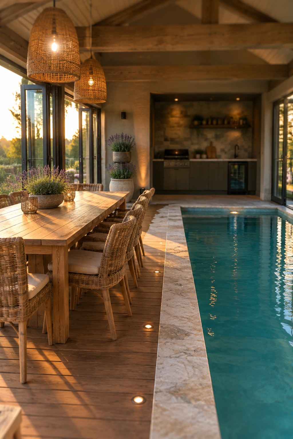 Long wooden table with woven chairs beside turquoise pool on stone deck