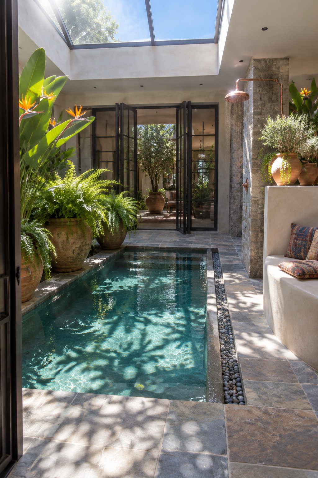 Sunlit courtyard plunge pool with potted ferns, open doors, stone shower, and skylight.
