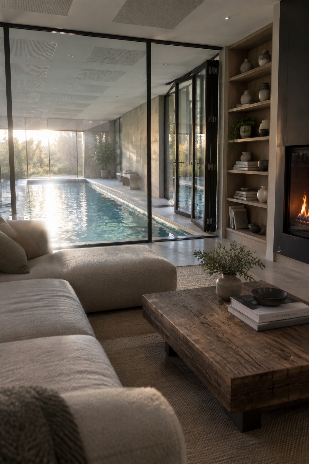 A living room with a large sectional sofa and wooden coffee table facing an indoor pool visible through open glass doors, with built-in wooden shelves and a fireplace on the right side.