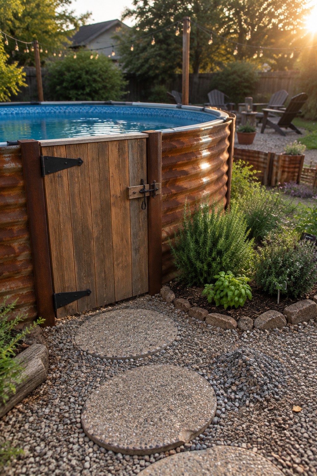 A wooden gate with black hinges is built into the corrugated metal wall of an above-ground pool, with gravel and round stepping stones in the foreground.