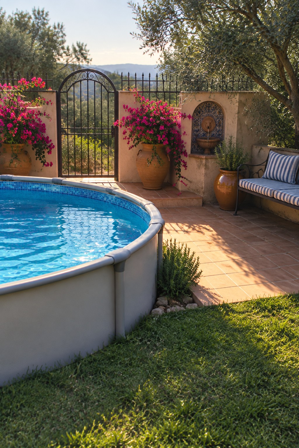 Sunny patio with above-ground pool, pink bougainvillea pots, tiled fountain, and striped bench.