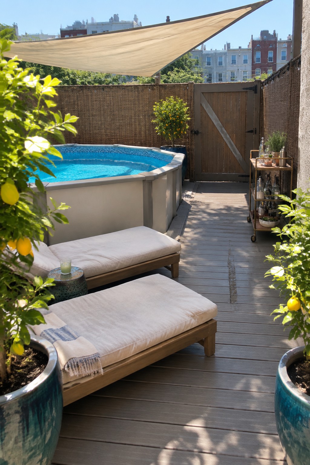 An above-ground pool on a wooden deck with two lounge chairs, potted plants, a bar cart, and a woven fence that includes a wooden gate.
