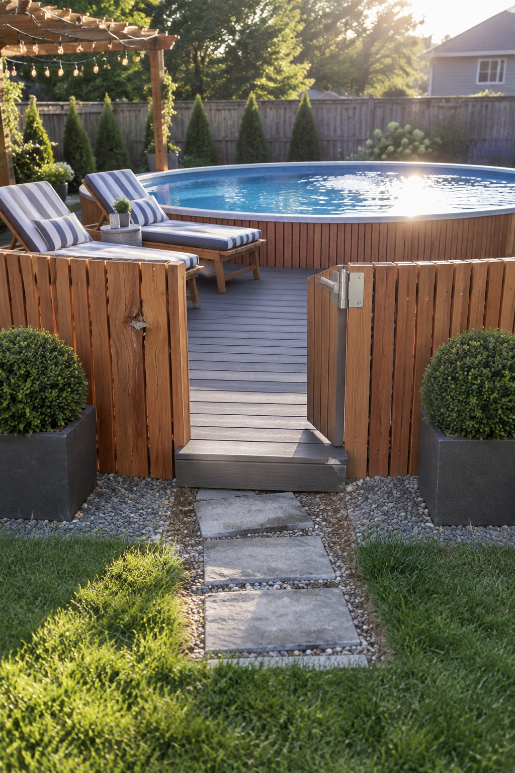 Open wooden gate on stone path to pool deck with striped lounge chairs