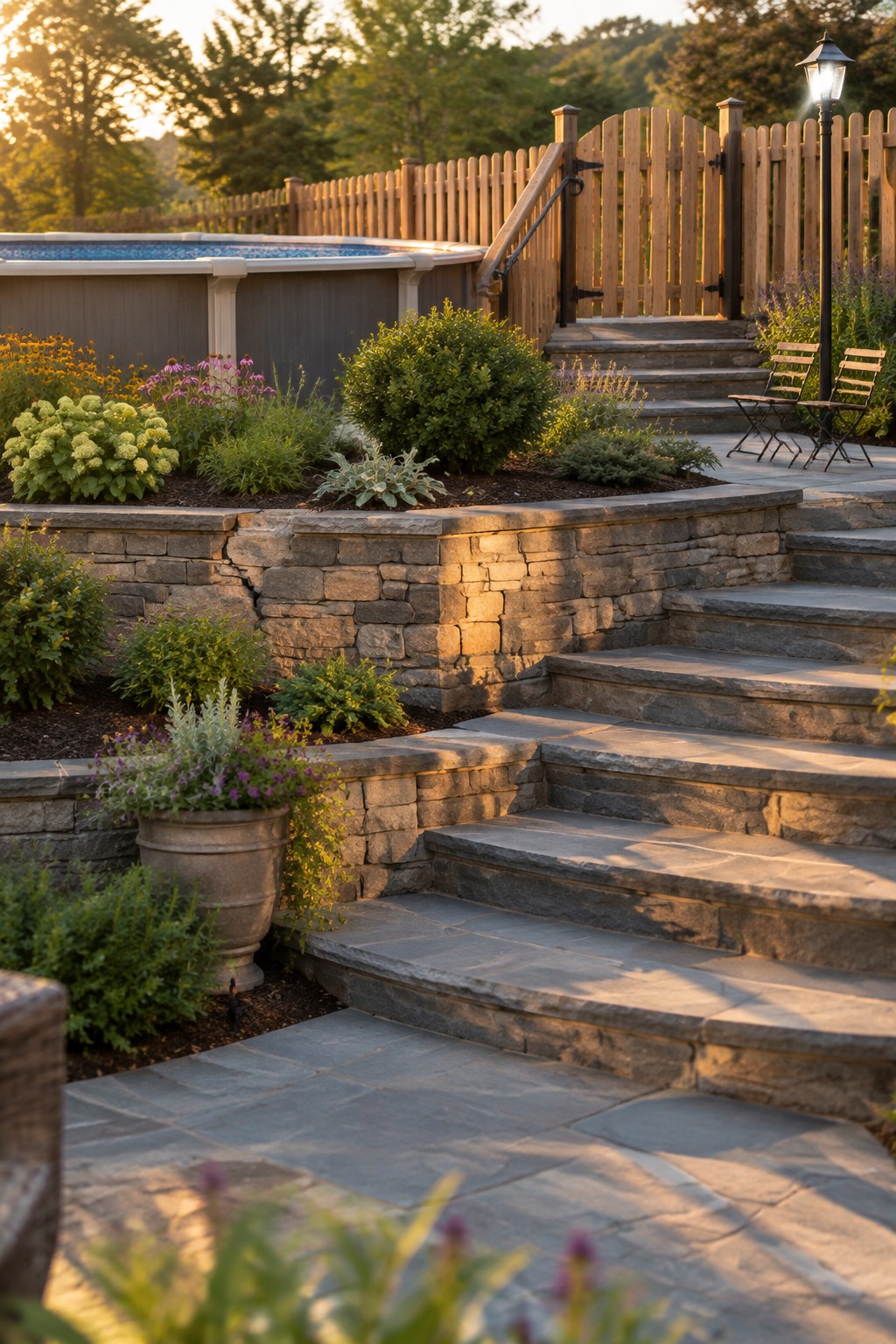 Wooden fence with integrated gate beside an above-ground pool, stone steps, and retaining wall with plants.