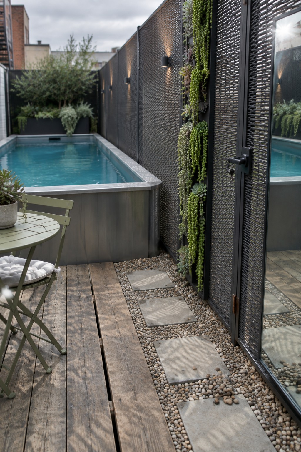 Narrow pool deck with rectangular pool, wooden flooring, gravel path with pavers, black metal fence with integrated gate, and vertical plants along the fence.