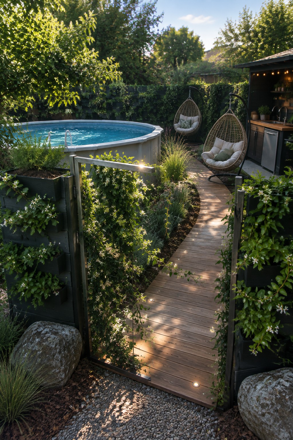 An above-ground pool with a wooden walkway leading past two hanging chairs and an outdoor kitchen, featuring a metal gate covered in climbing vines and flanked by vertical planters on both sides.