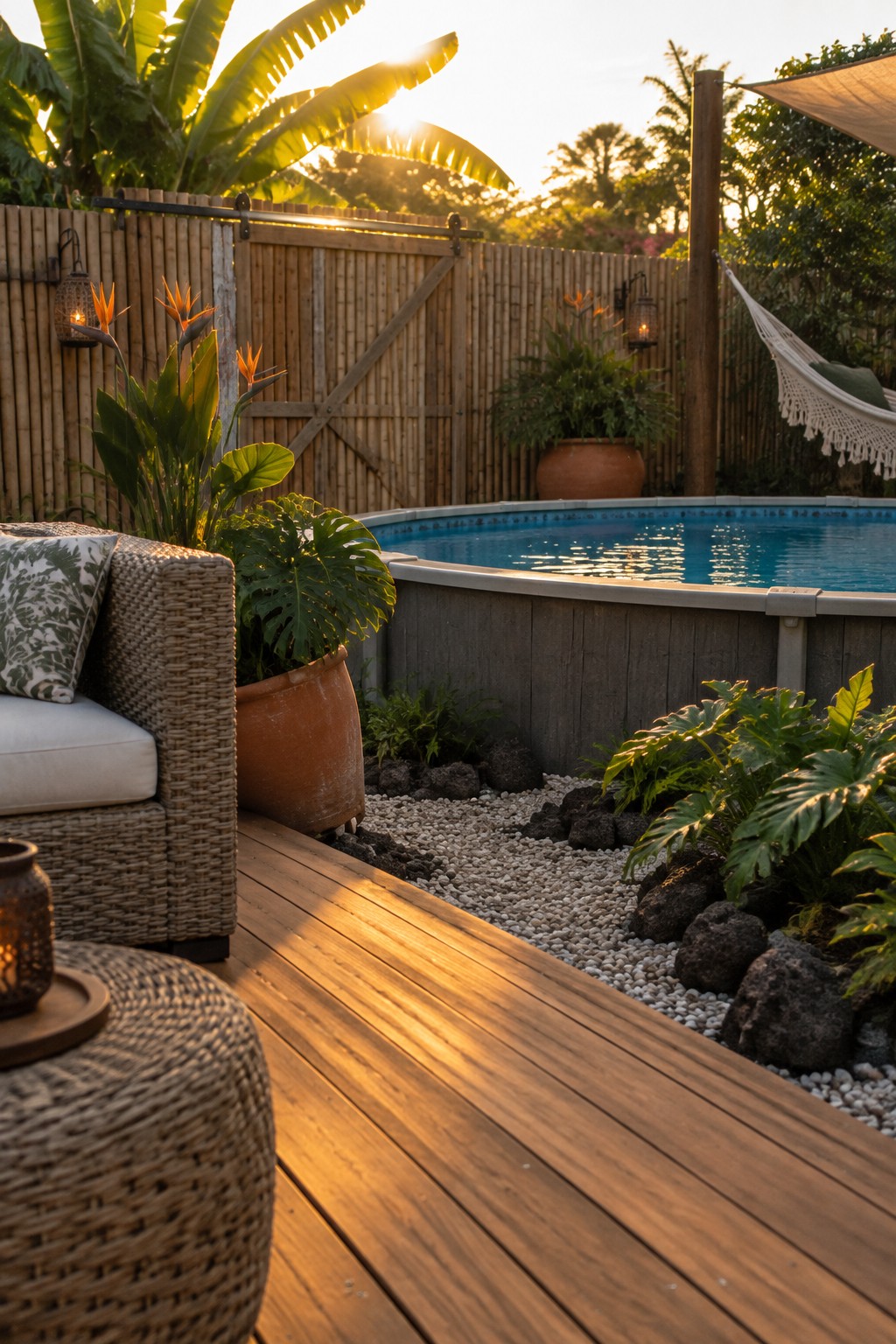 Tropical backyard at sunset with above-ground pool, wooden deck, wicker chair, and lush plants.