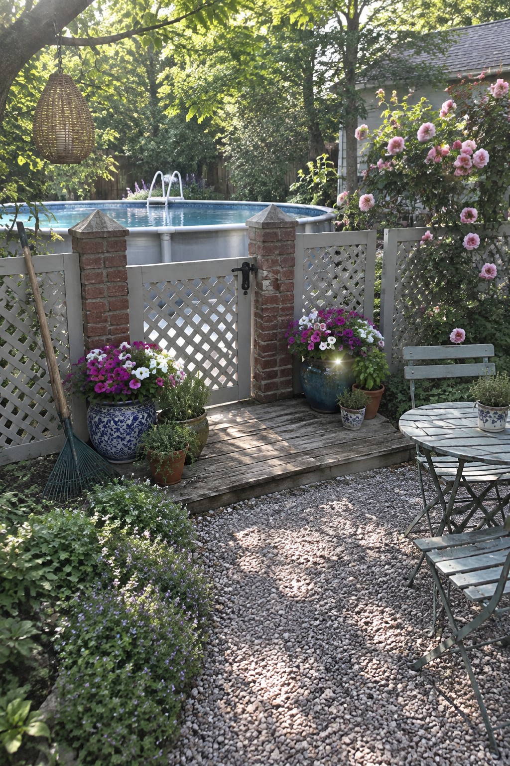 An above ground pool surrounded by a fence with brick pillars, a white lattice gate, and several large potted flowers on a wooden deck and gravel area.
