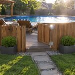 Open wooden gate on stone path to pool deck with striped lounge chairs