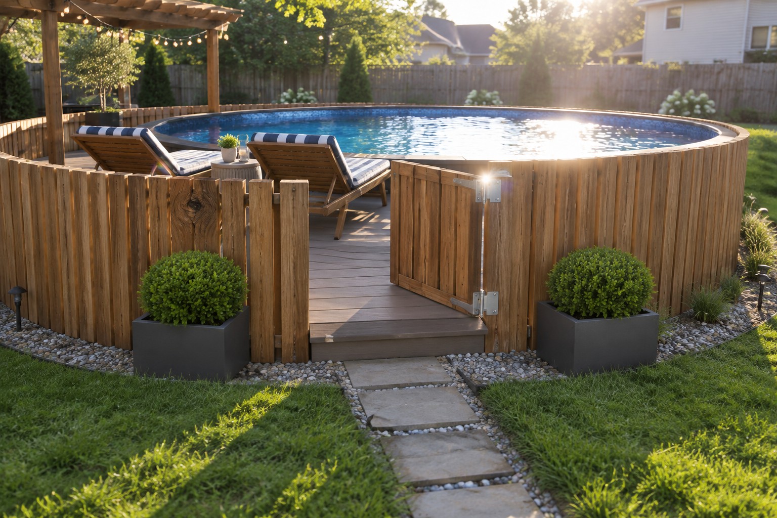 Open wooden gate on stone path to pool deck with striped lounge chairs