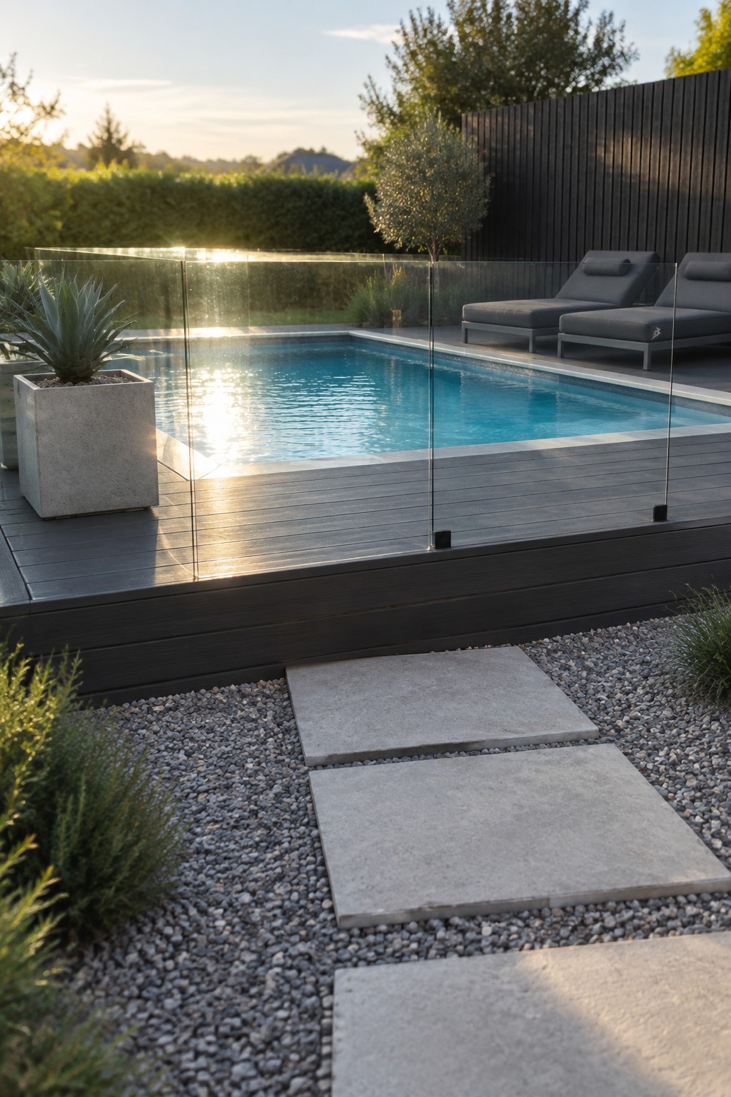 An above ground pool with clear glass fencing along a dark wood deck, gravel ground cover, and two gray lounge chairs in the background.