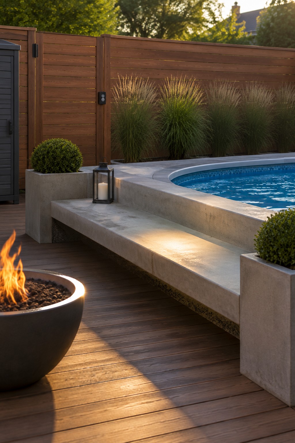 Modern backyard with pool, wooden deck, fire pit, lantern, and concrete bench at dusk