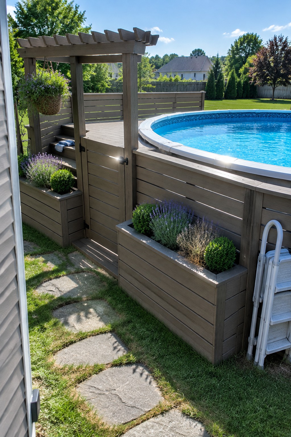 A wooden fence with an integrated gate encloses an above-ground pool, with built-in planters along the fence and a pergola structure nearby.