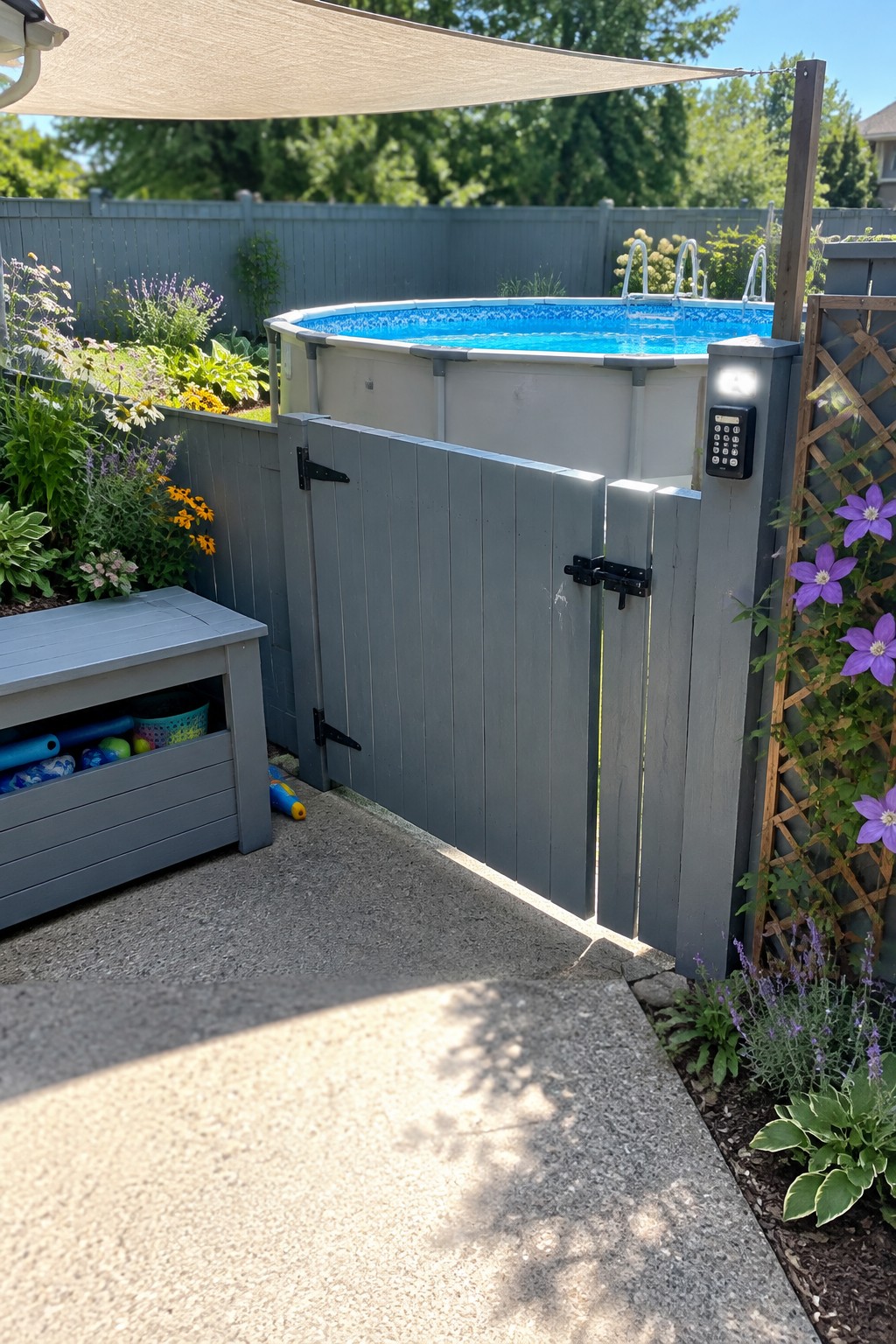 Gray fenced above-ground pool with keypad gate, storage bench, and garden plants