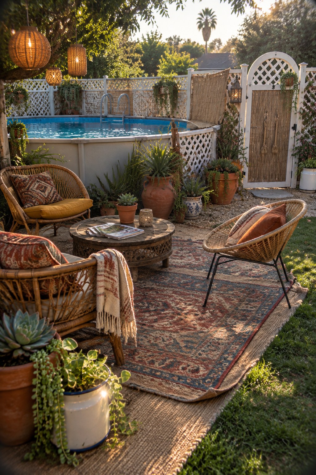 An above-ground pool enclosed by white lattice fencing with a woven reed gate, a round wooden table, wicker chairs, and a large patterned rug on the patio.