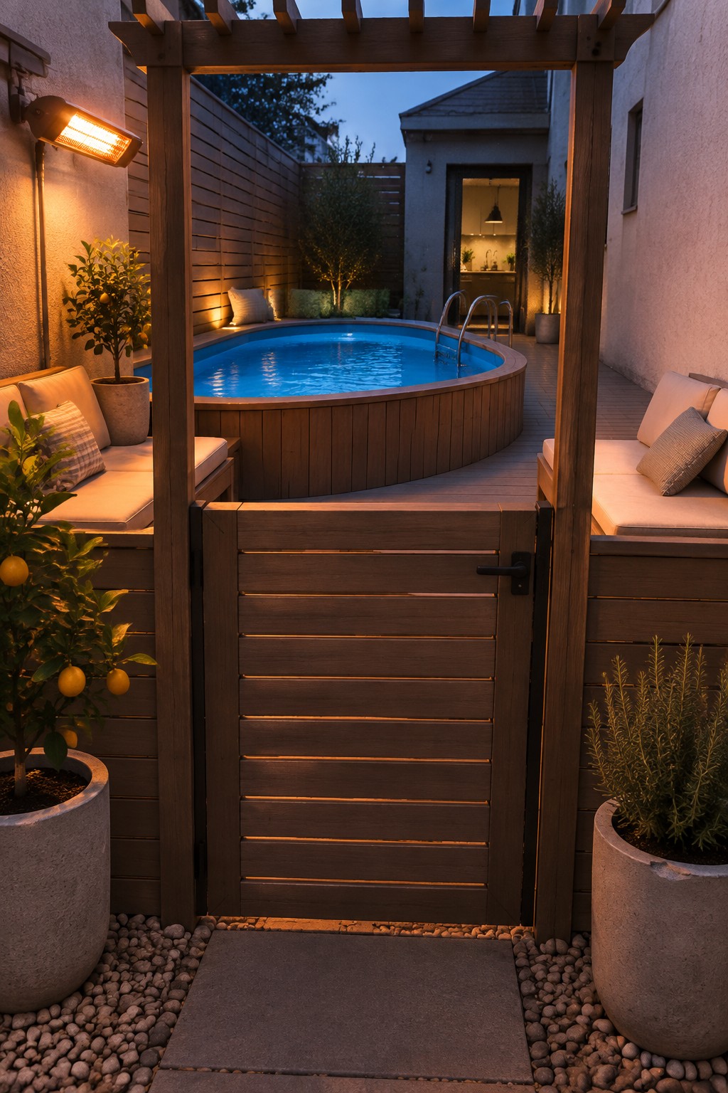 A wooden gate with horizontal slats stands open between two sections of matching fence, revealing an above-ground pool on a deck with potted plants nearby.