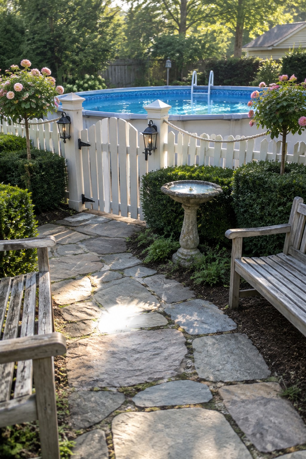 Sunny stone path with benches and birdbath beside white fence around pool