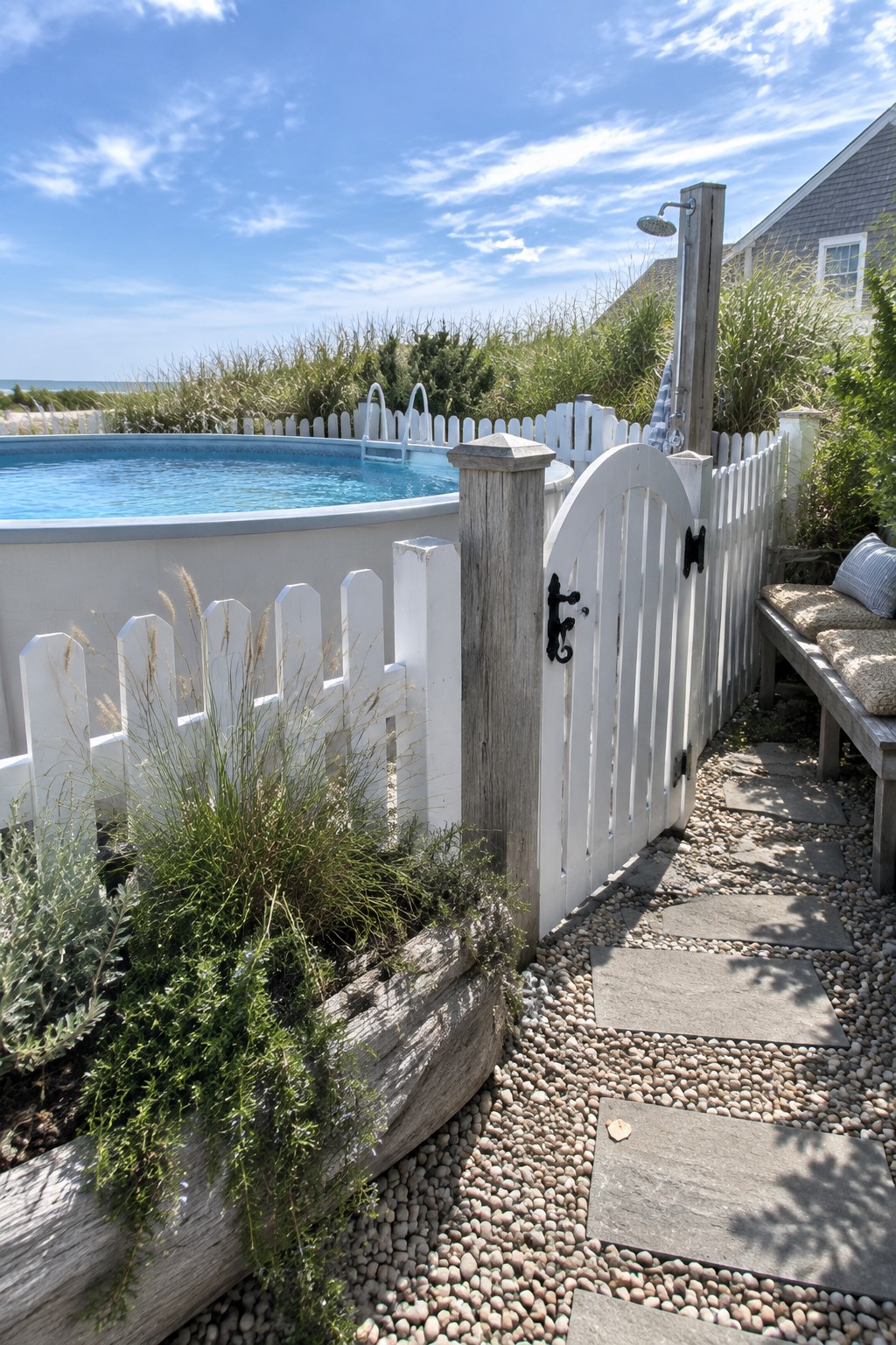 White picket gate beside pool with outdoor shower, stone path, and bench