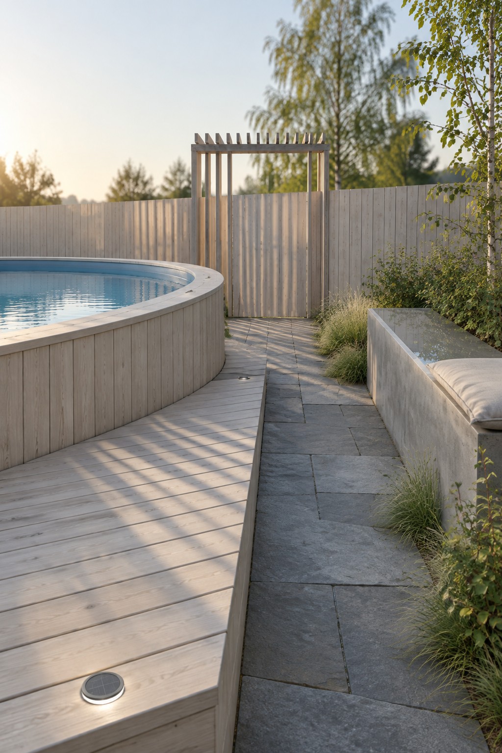 Circular wooden pool on deck beside stone path, concrete bench, and pergola.