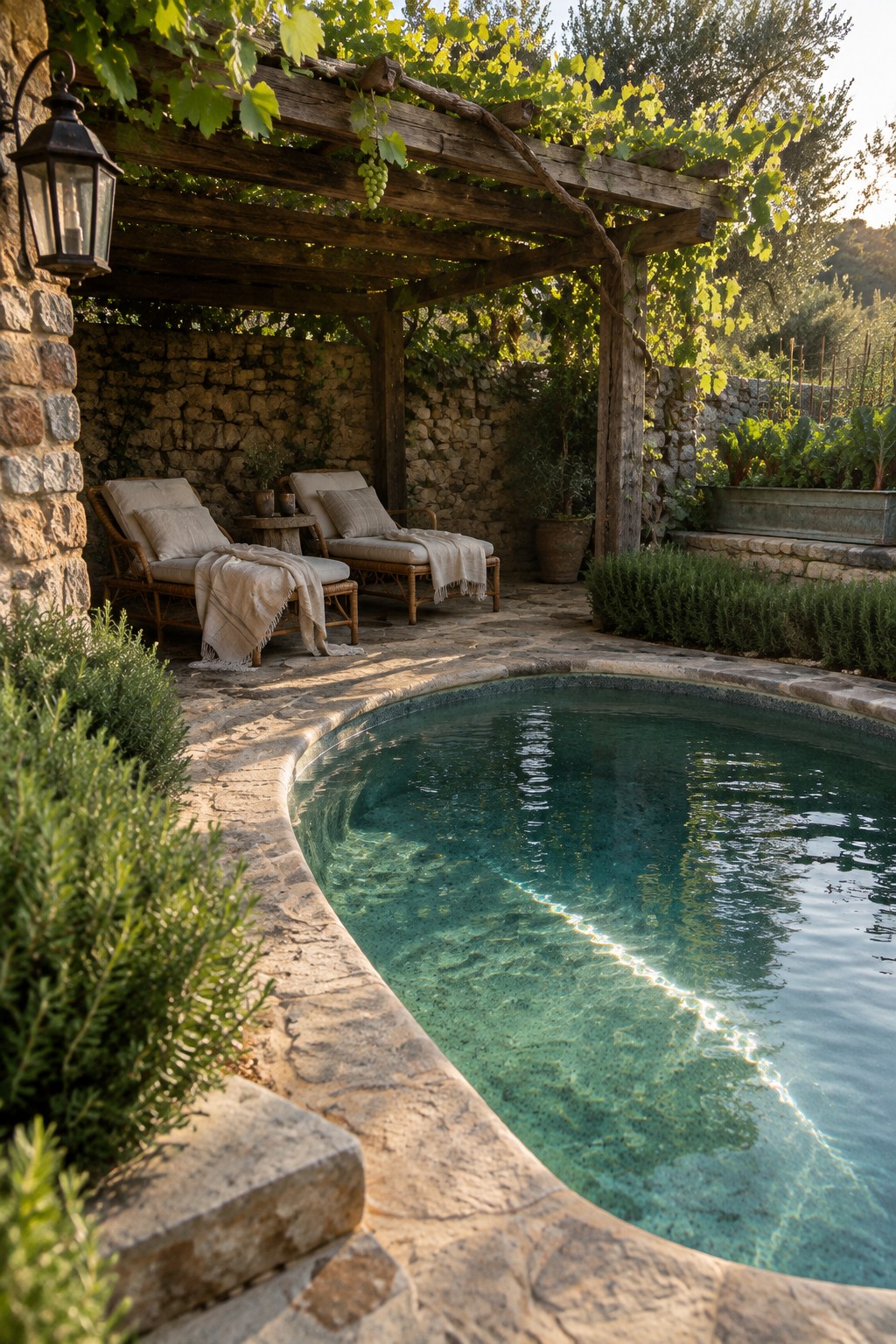 Stone pool with lounge chairs under vine-covered pergola beside stone wall.