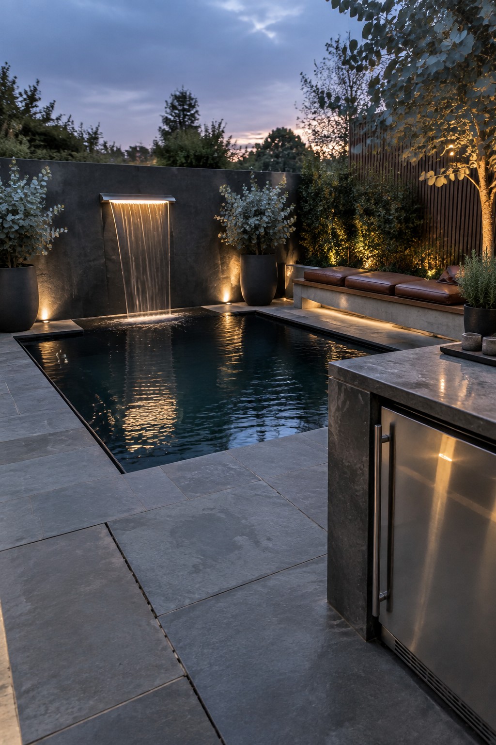 A rectangular plunge pool with a lit waterfall feature on a dark stone wall, surrounded by gray pavers, potted plants, and built-in outdoor seating.