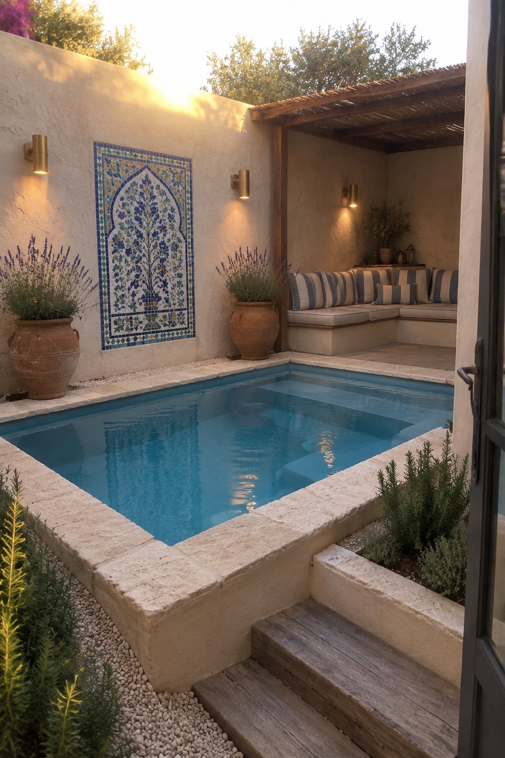 A rectangular plunge pool with light stone coping is set in a small courtyard, with built-in bench seating featuring blue and white striped cushions along one side and large terracotta pots nearby.
