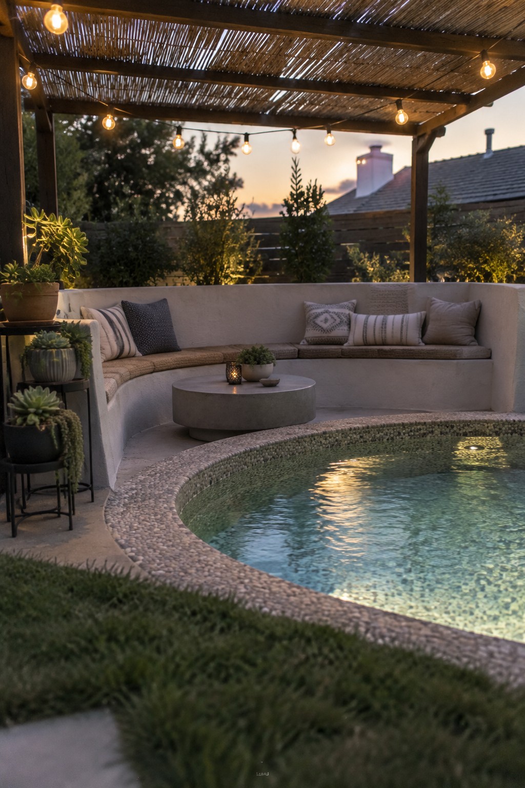 A small circular plunge pool with pebble edging sits next to a curved built-in concrete bench with cushions under a wooden pergola strung with lights.