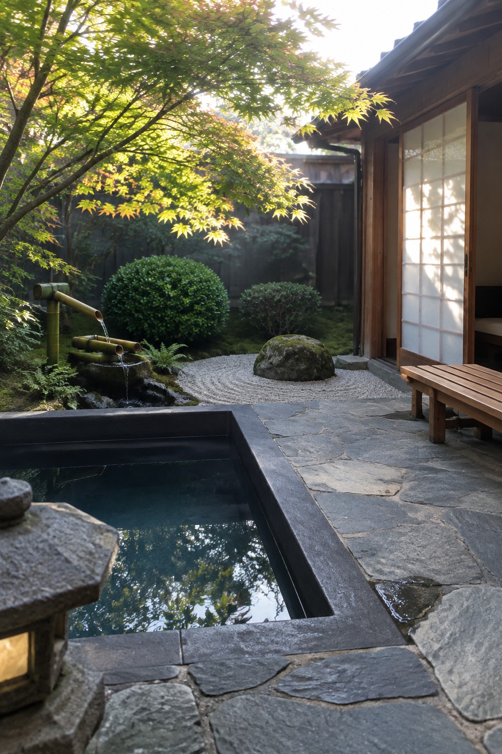 A rectangular dark plunge pool set into gray stone paving next to a wooden building with a bamboo water feature and garden plants nearby.