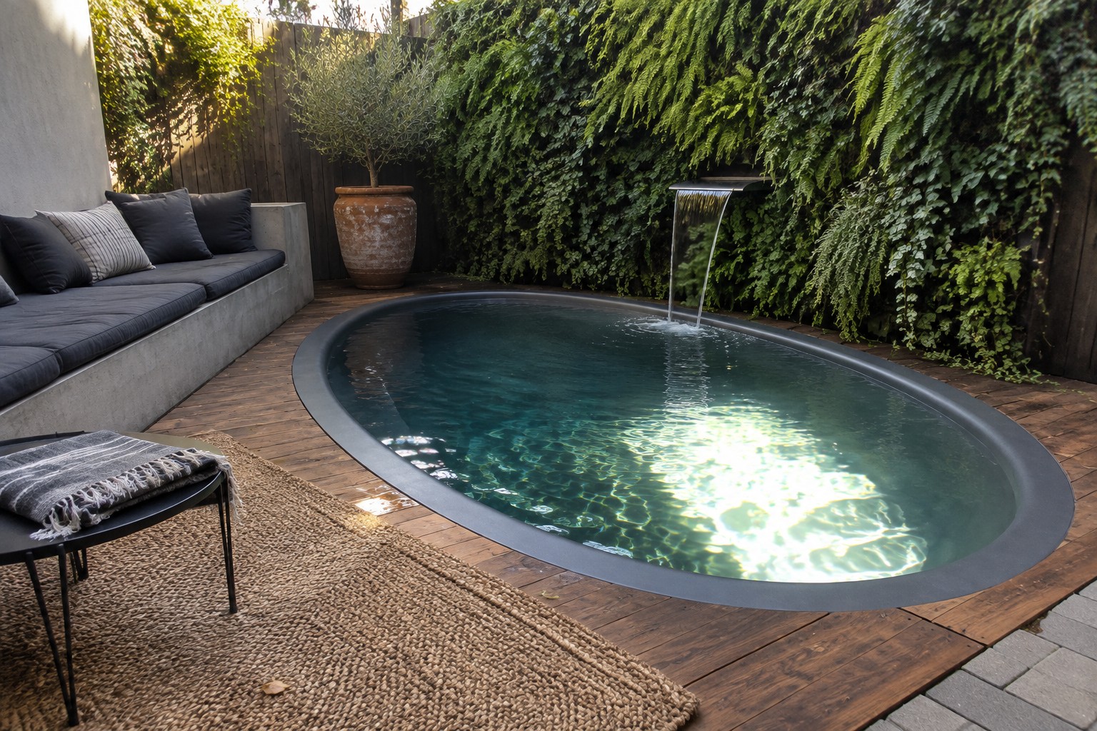 17 Versatile Fiberglass Plunge Pool Ideas for Small Outdoor Spaces An elongated oval plunge pool with a wall-mounted waterfall sits on a wooden deck beside a built-in concrete bench with gray cushions.