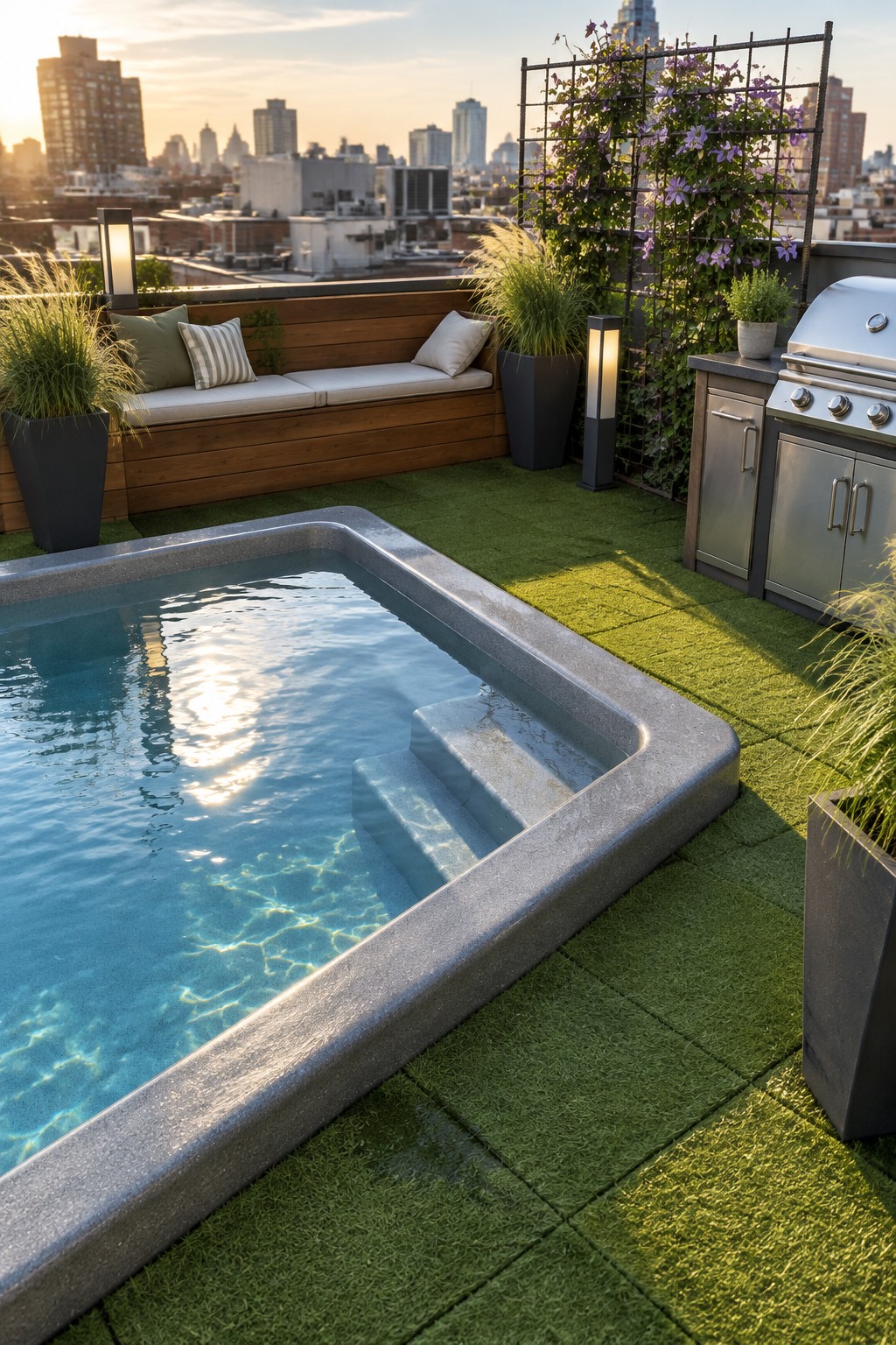 A rectangular fiberglass plunge pool with built-in steps is set into green artificial turf on a rooftop deck, with a wooden bench, potted plants, a grill station, and a city skyline visible in the background.