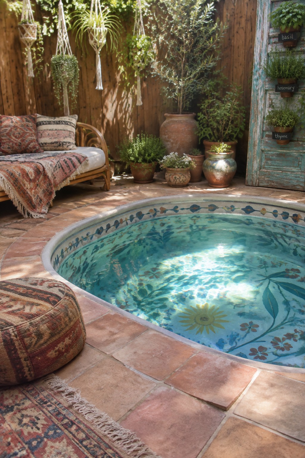 A small round plunge pool with a painted floral interior sits in a brick-paved patio, surrounded by terracotta pots, hanging plants, and a cushioned daybed.
