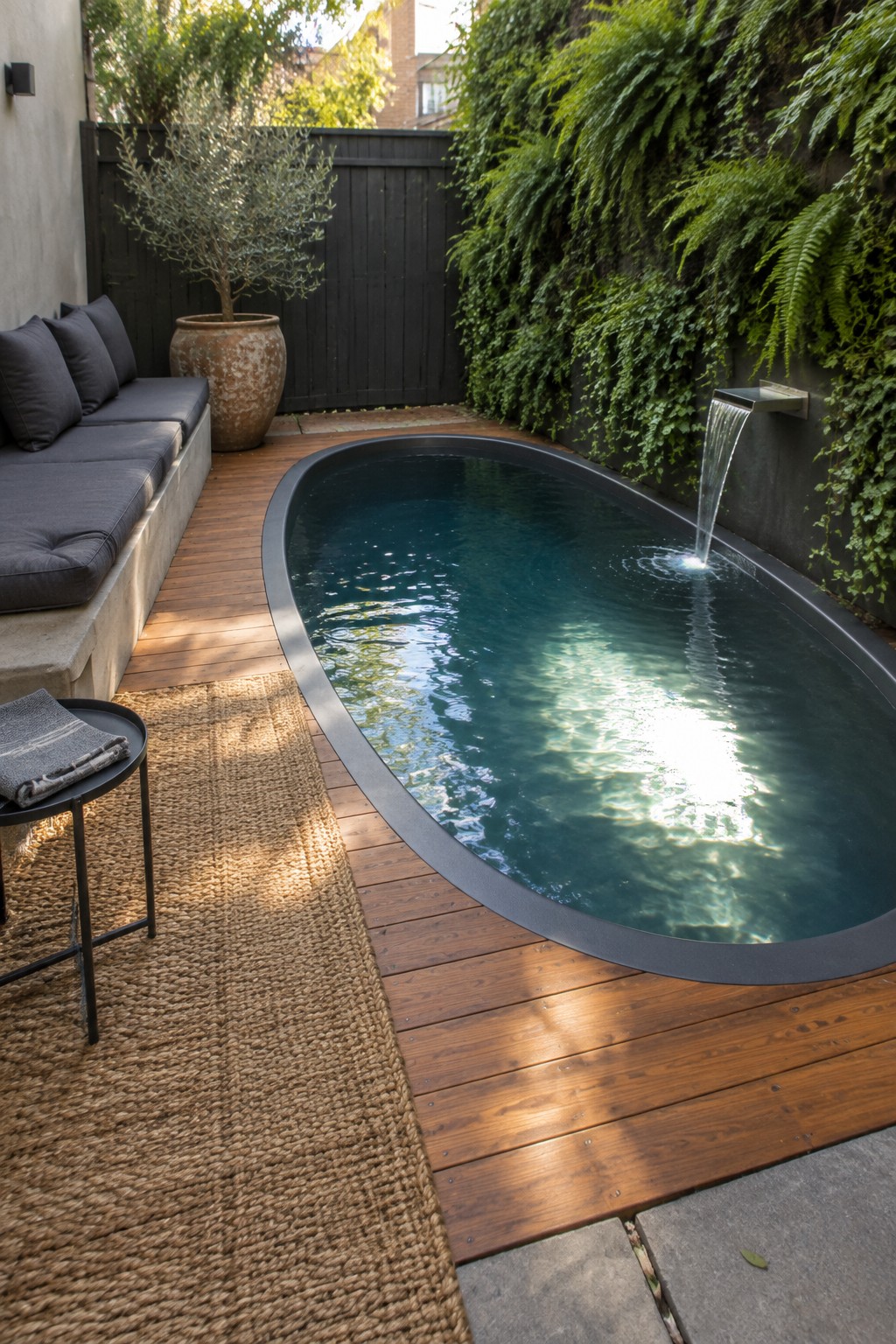 An elongated oval plunge pool with a wall-mounted waterfall sits on a wooden deck beside a built-in concrete bench with gray cushions.